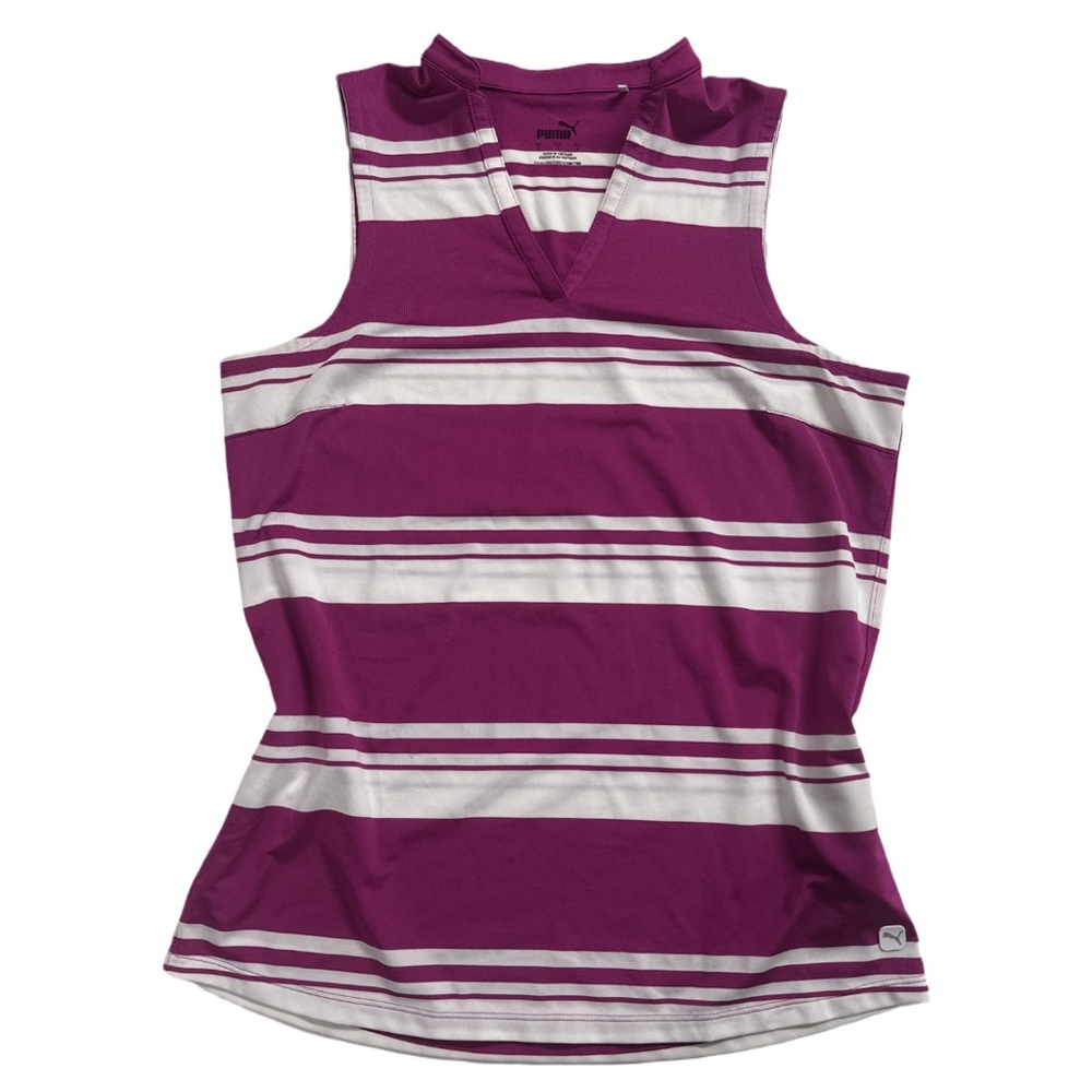 '21 PUMA women's magenta + white striped collared sleeveless activewear tank, S.